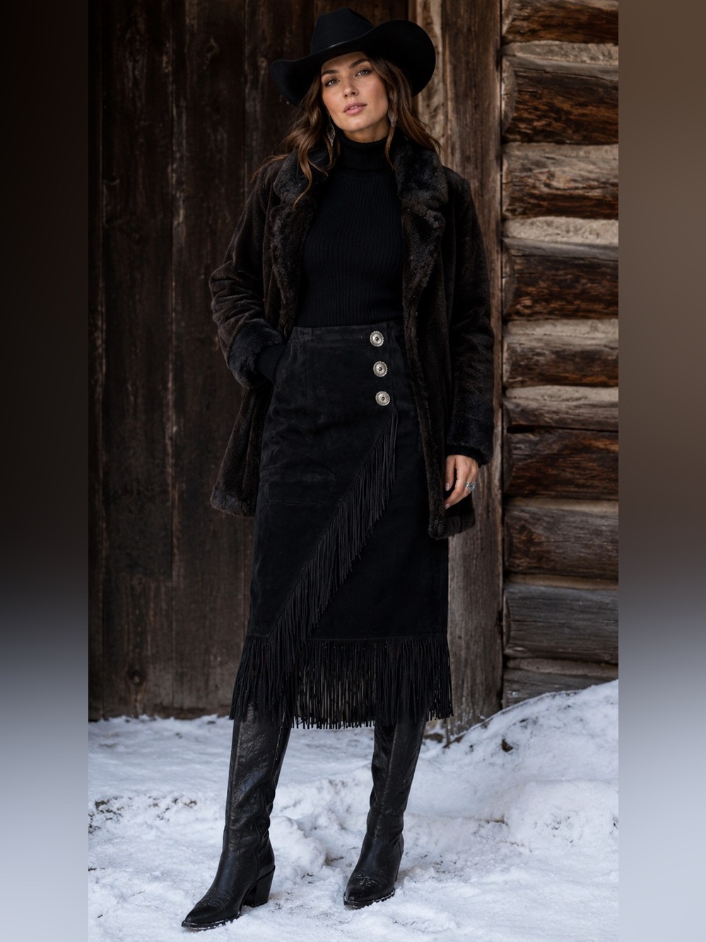 XS SCULLY leather suede black fringe skirt western